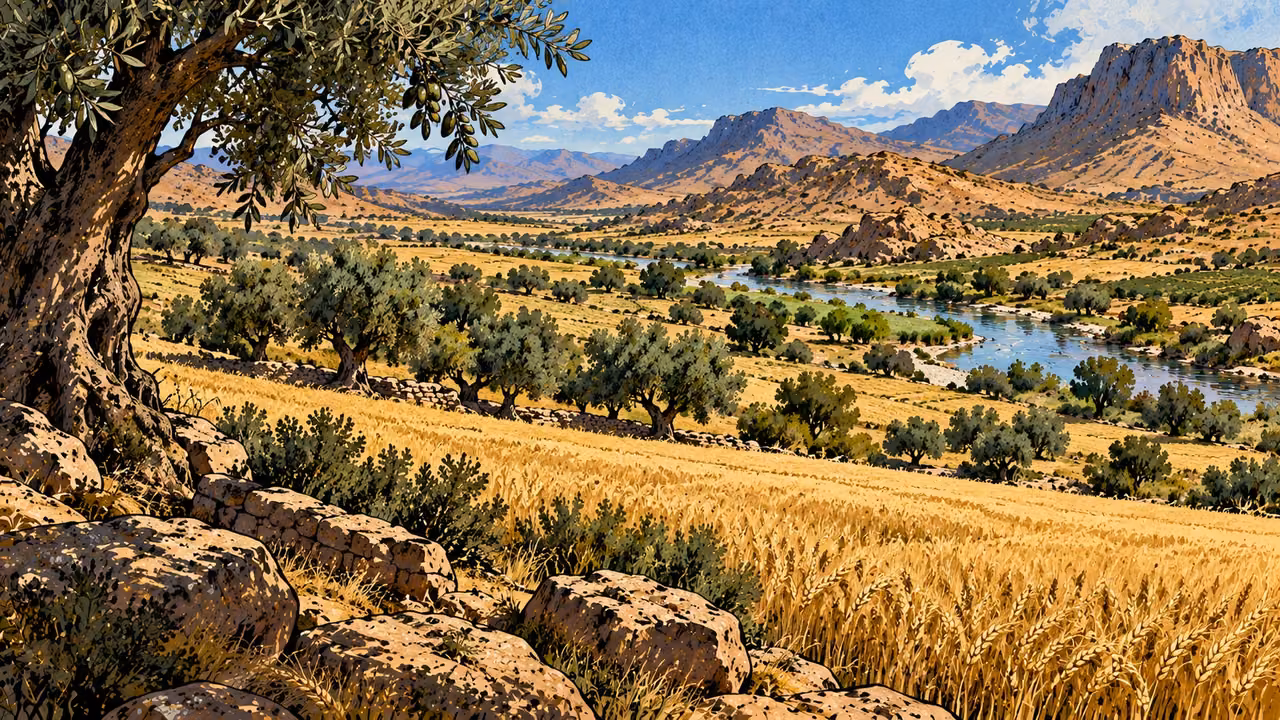 An olive grove and grain field spread across a broad valley.
