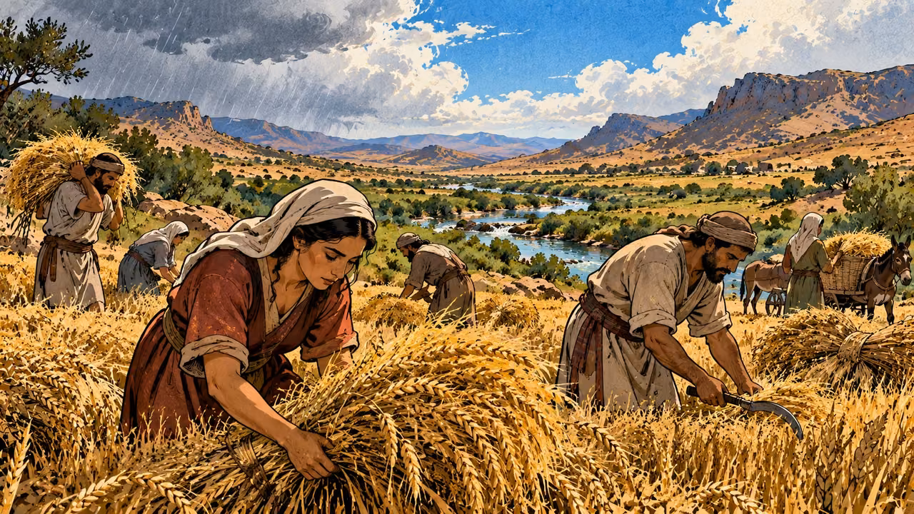 Harvesters gather ripe grain beneath a clearing sky.