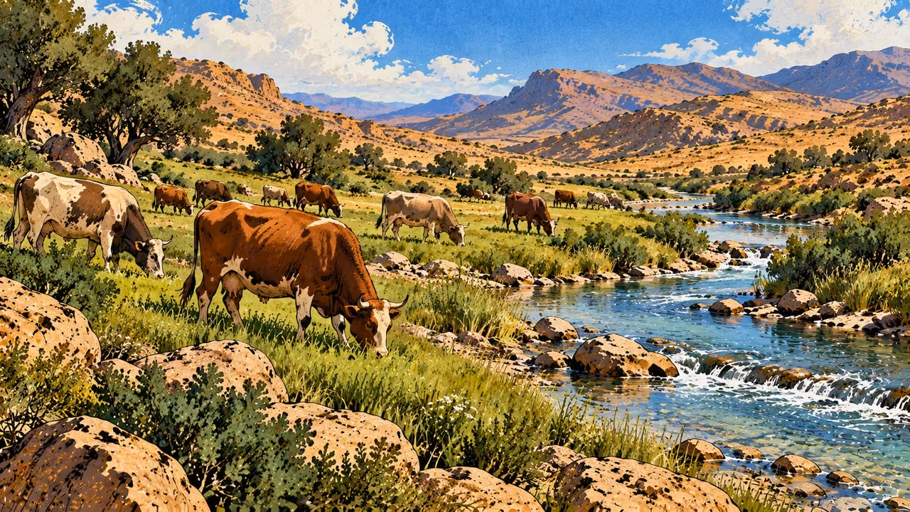 Cattle graze green pasture beside a stream.