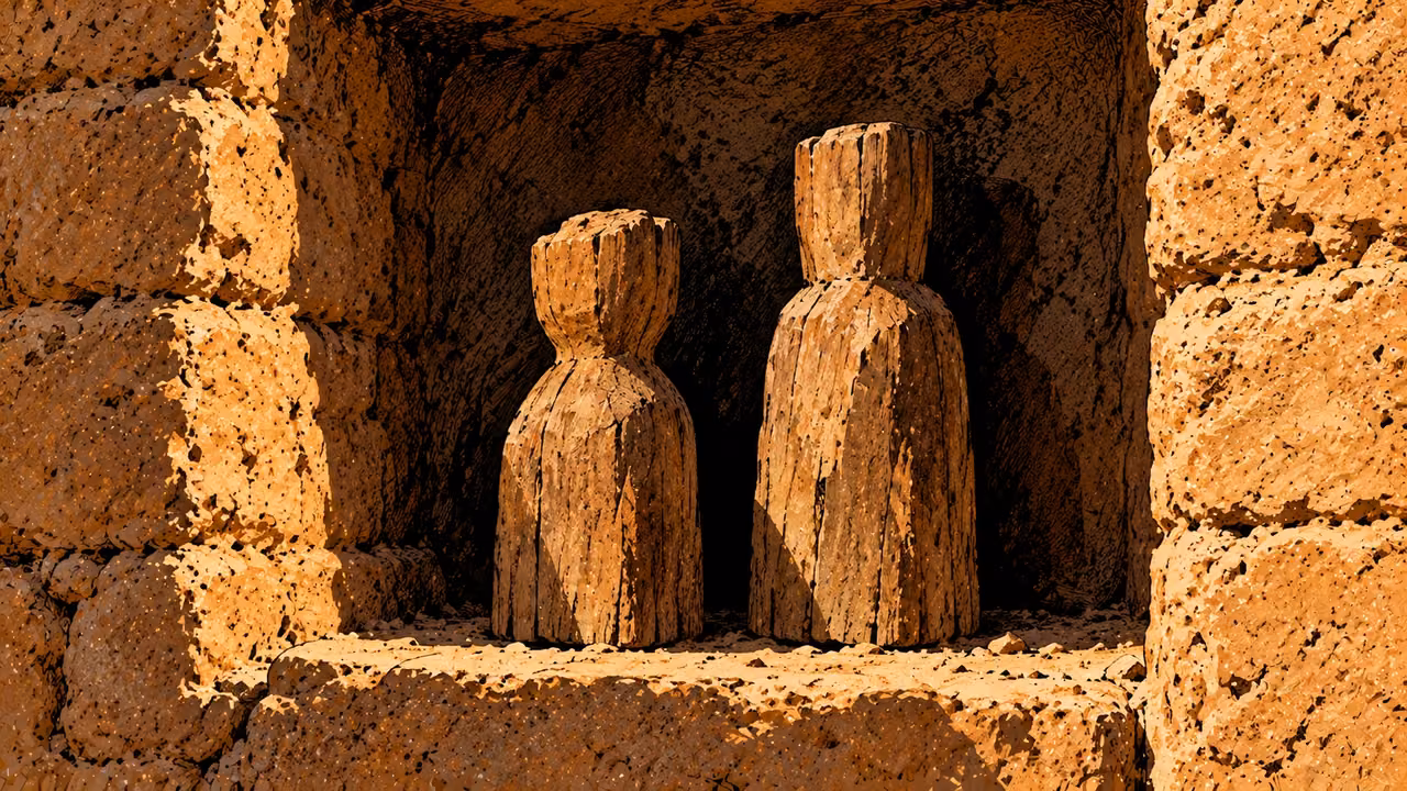 Two plain wooden forms remain in a shadowed recess.
