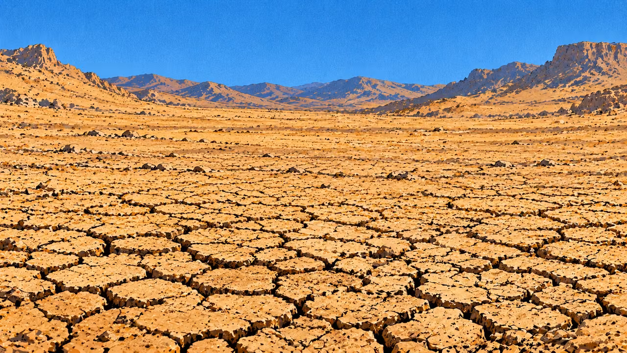 Cracked bare fields extend beneath a cloudless sky.