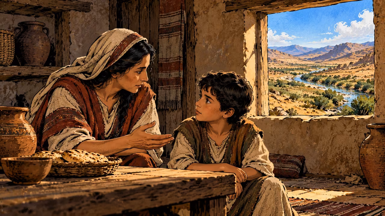 An anonymous parent and child sit attentively inside a house.