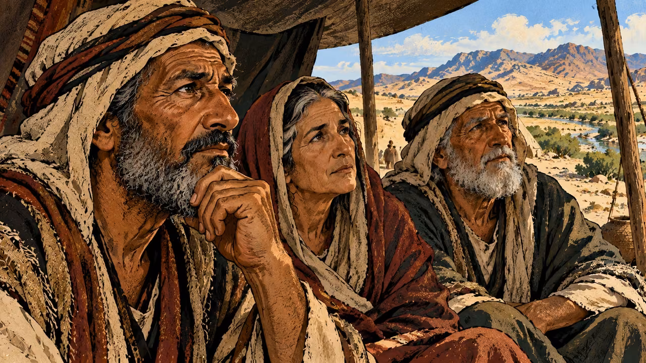Three older witnesses listen thoughtfully under tent shade.