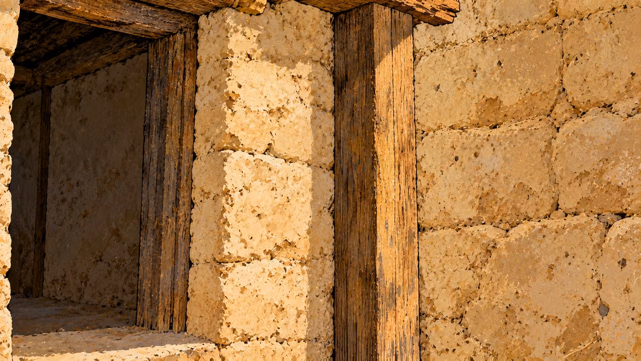Plain wooden posts frame a mudbrick household threshold.