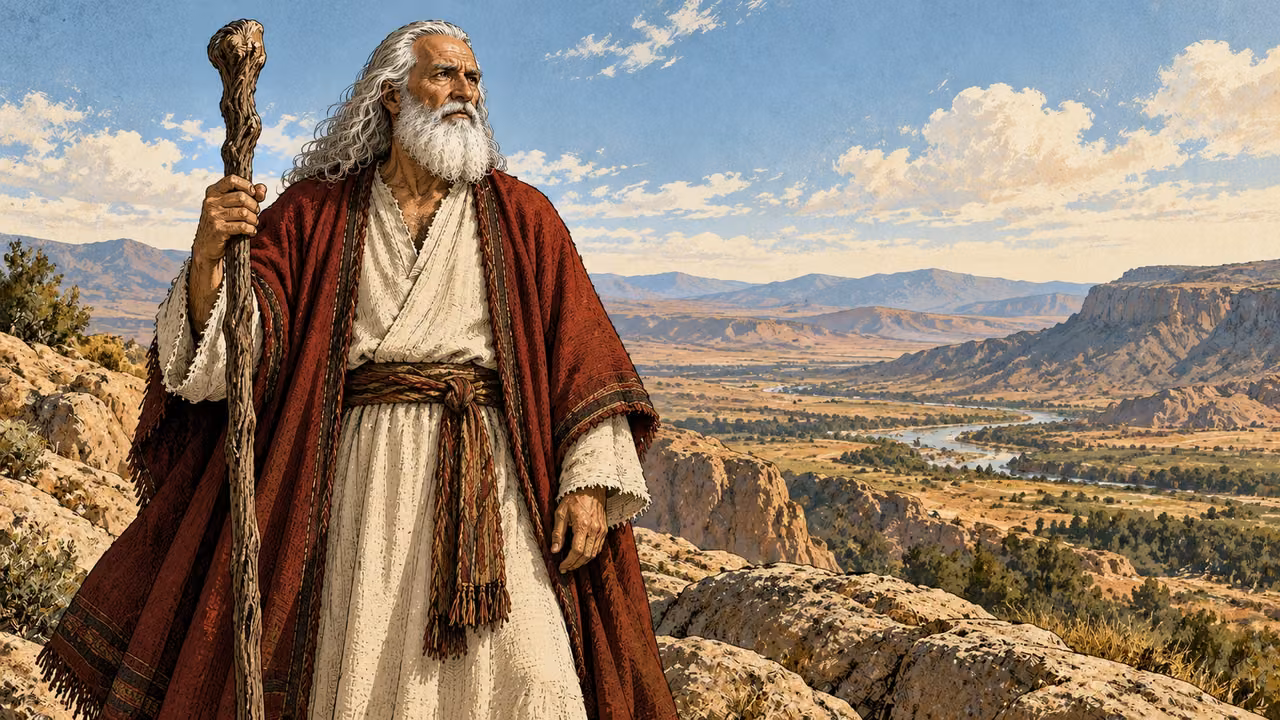 Moses stands calmly holding his gnarled staff.