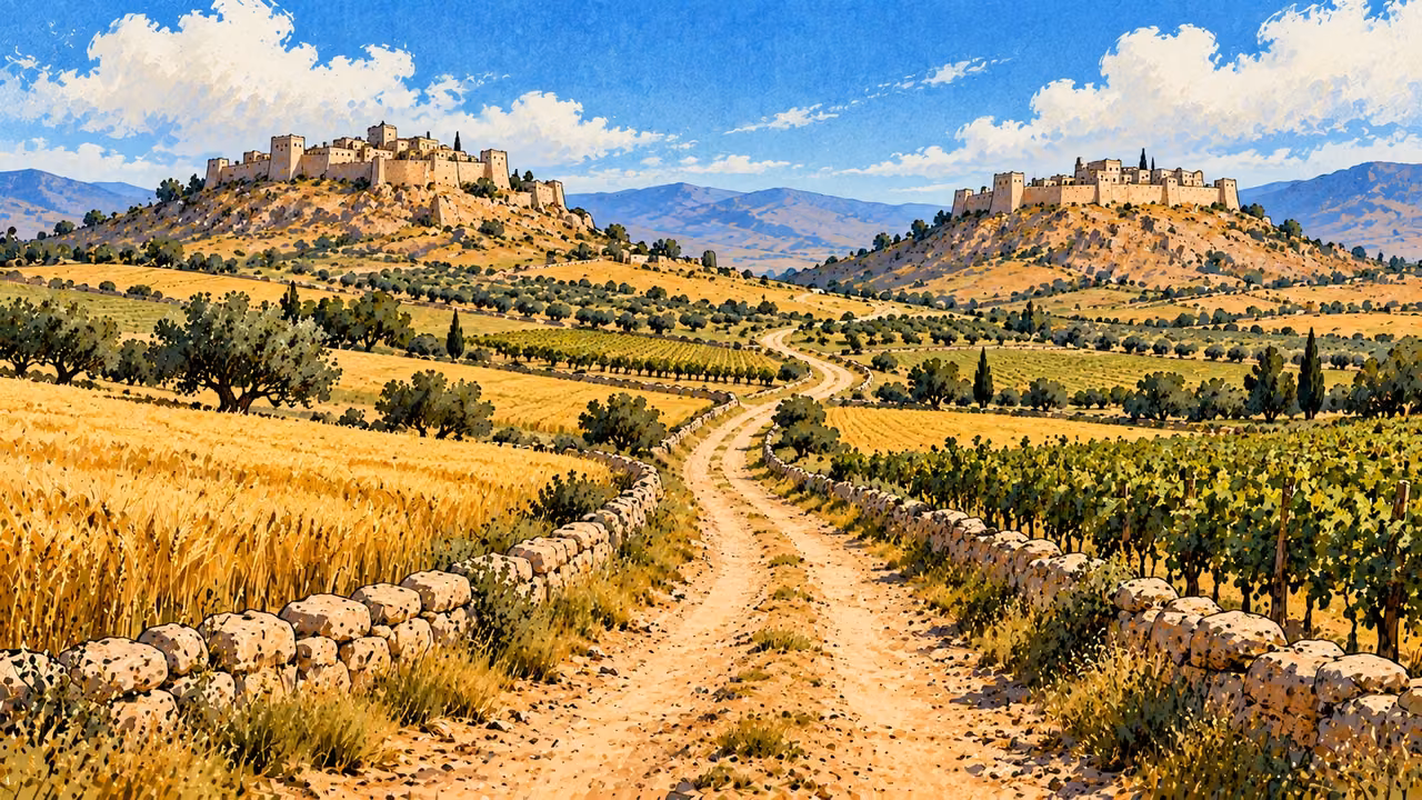 A road approaches two distant fortified settlements across fields.