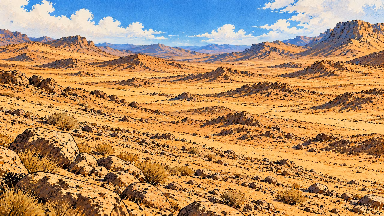 Arid wilderness ridges stretch across bare stony ground.