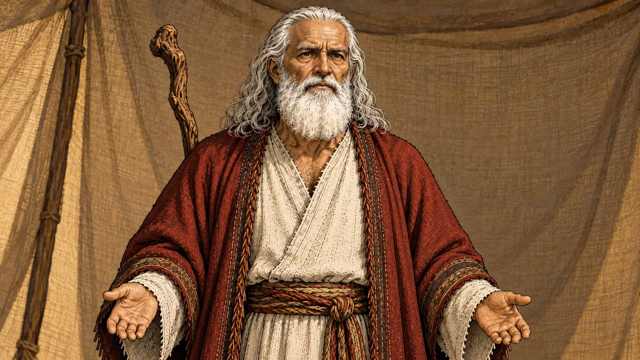 Moses holds his hands low and apart beneath tent shade.