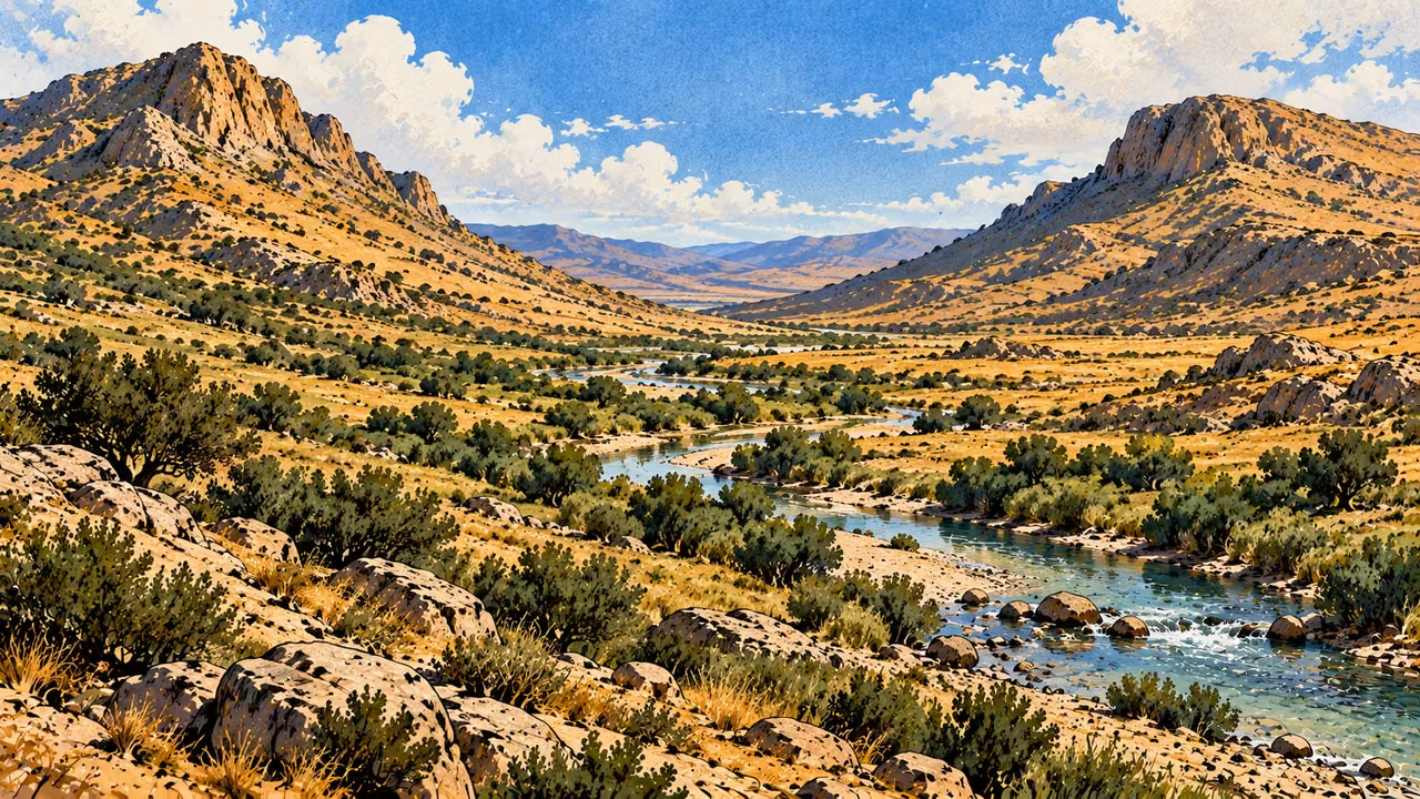 Two opposing mountain slopes frame an open valley.