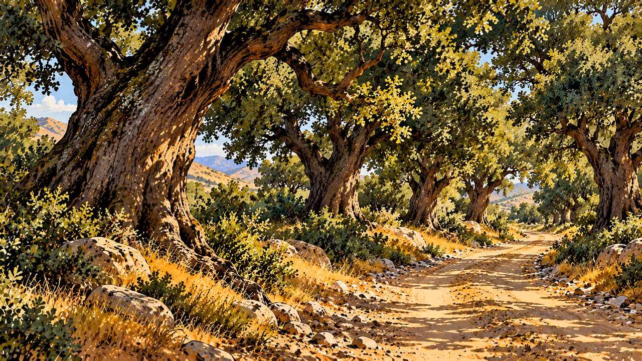 Oak trunks and foliage surround an ordinary road.