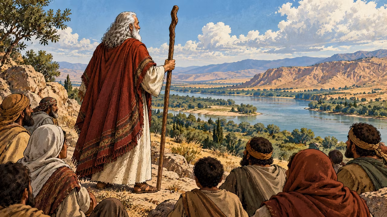 Moses and listeners look toward the uncrossed Jordan.