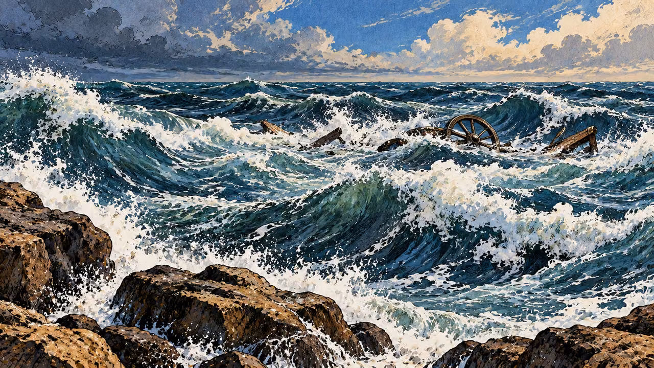 Rough seawater closes over broken chariot fragments.