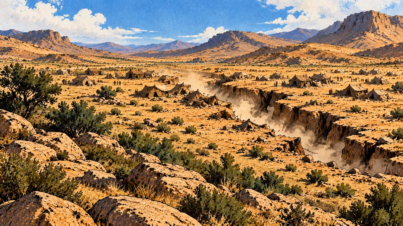 A ground fissure opens beneath tents in a distant camp.