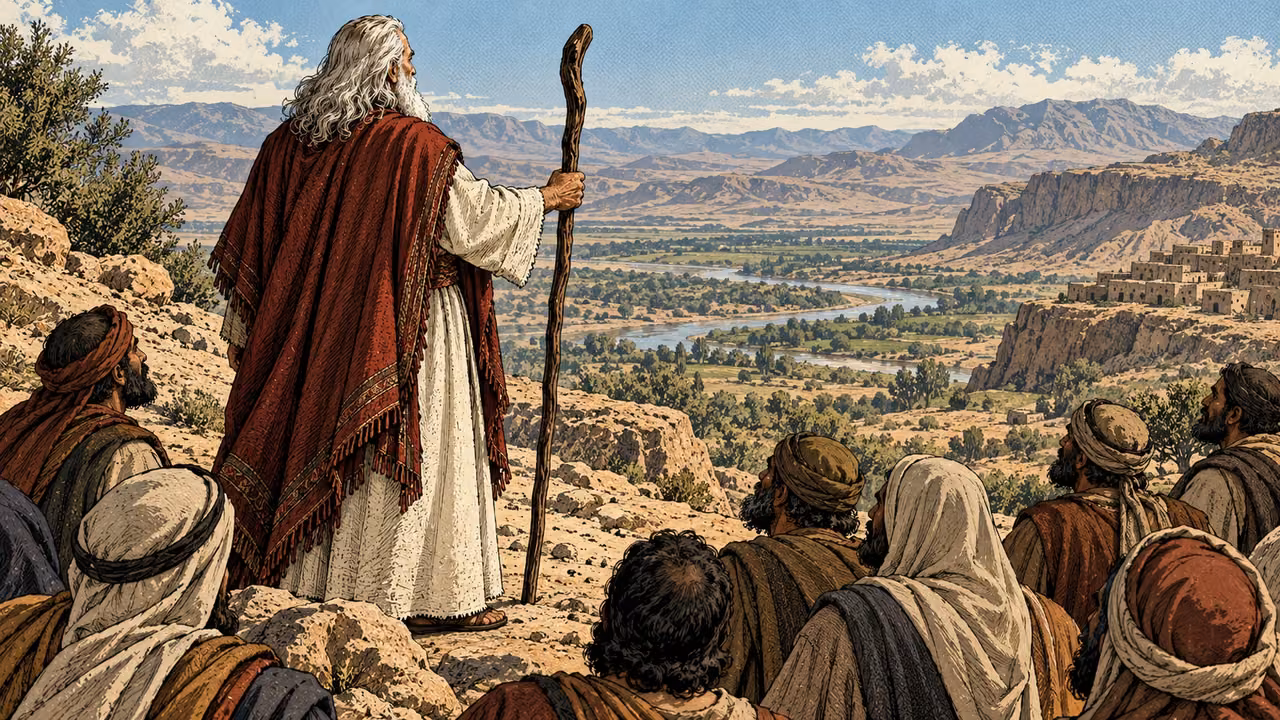 Moses stands before listeners overlooking the land ahead.