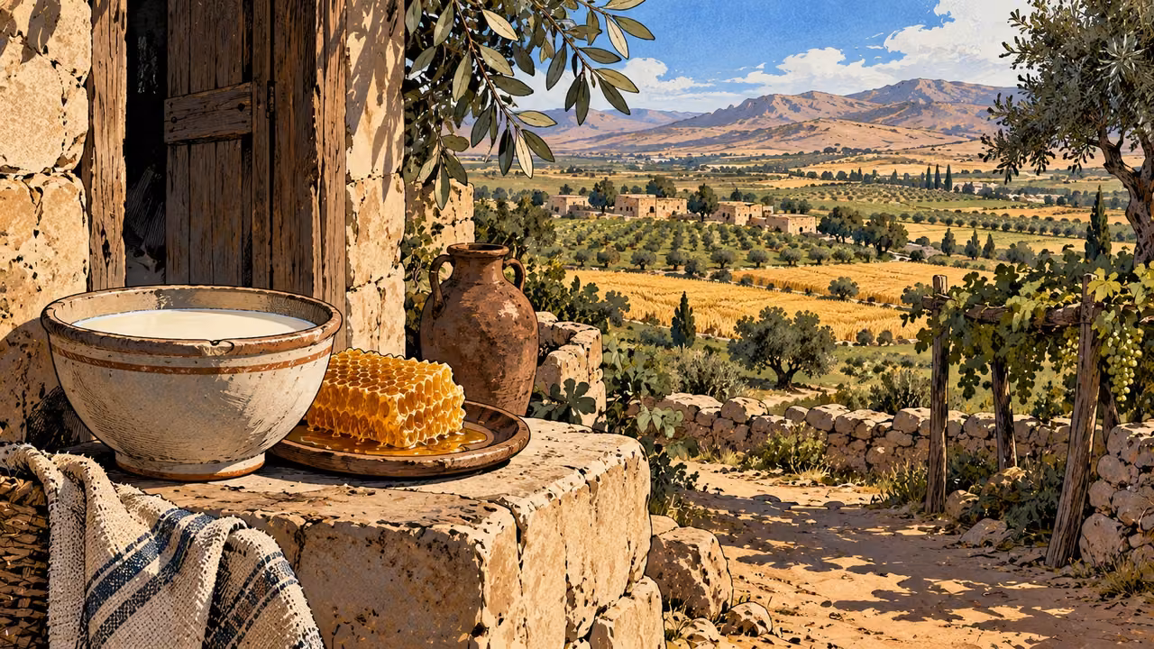 A milk bowl and honeycomb sit at a rural doorway above fertile fields.