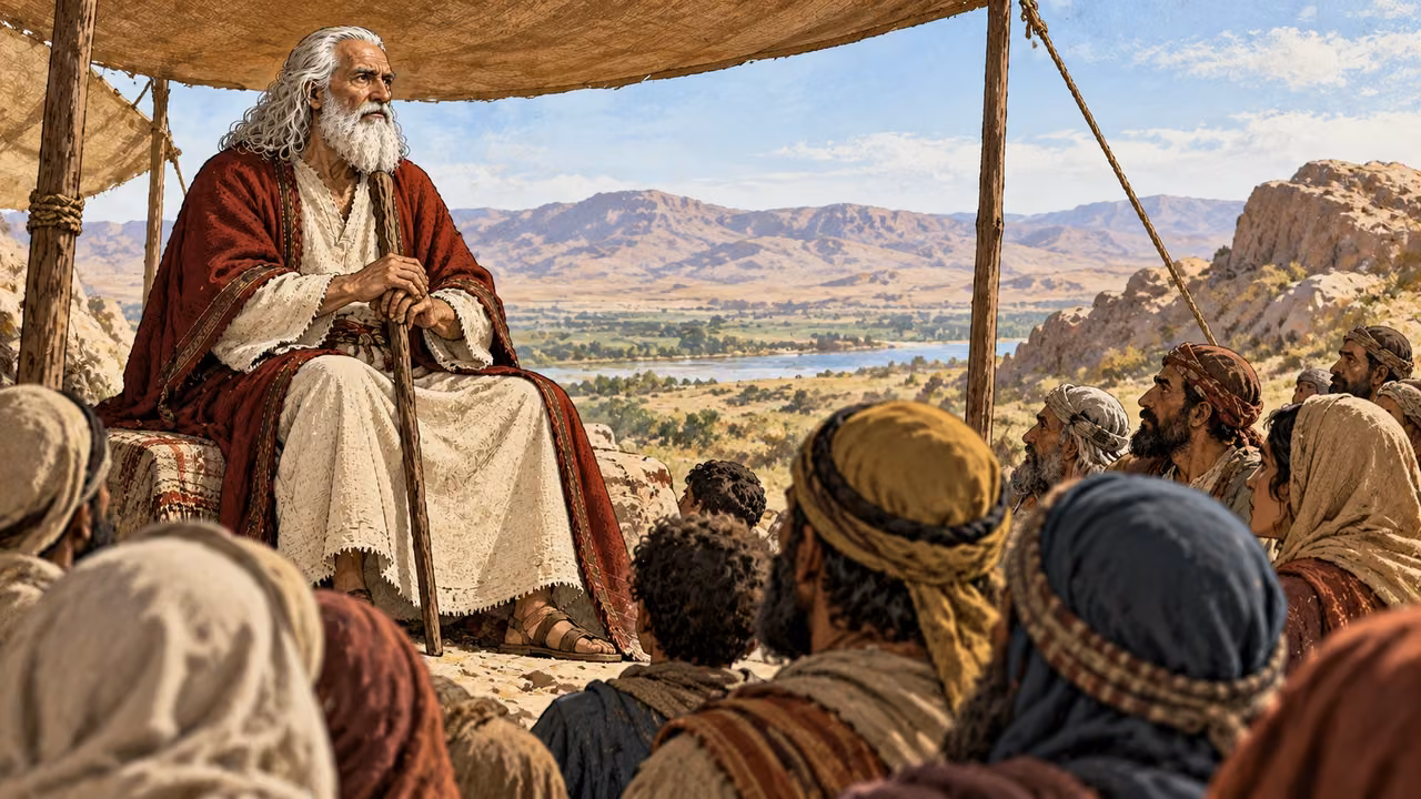 Moses sits beneath a canopy with his hands resting on his staff as listeners face him.