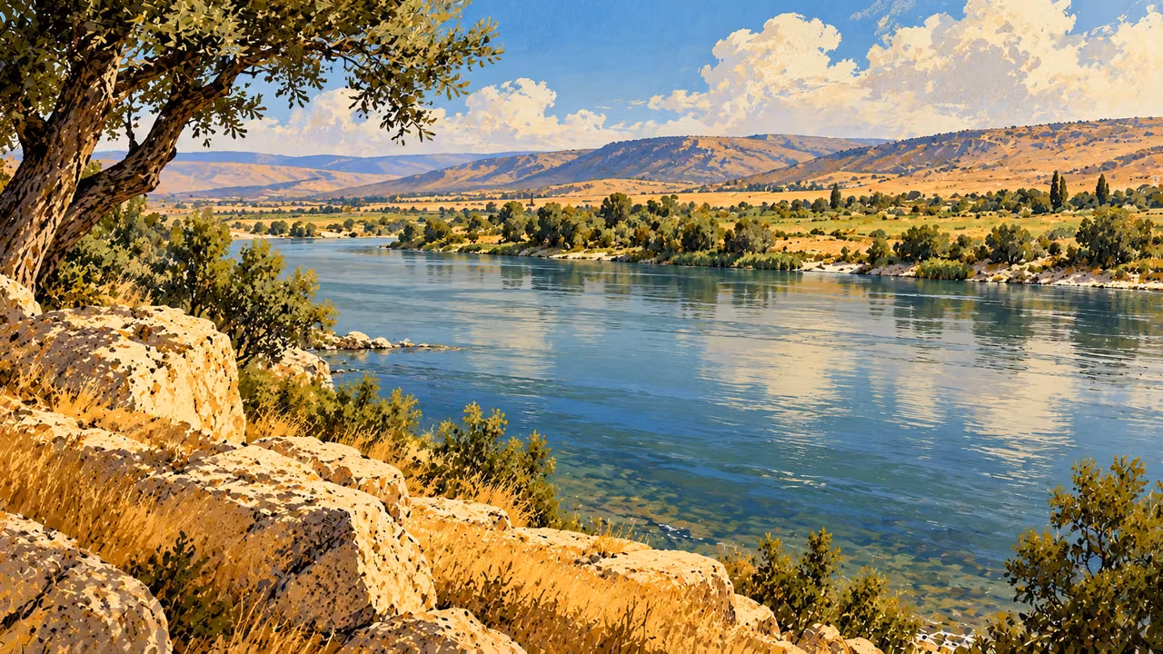 An uncrossed river separates the near bank from distant fields.
