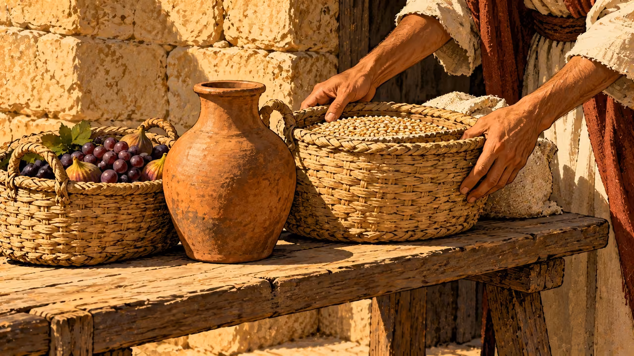 Anonymous hands arrange a grain basket beside a plain clay vessel and fruit basket.