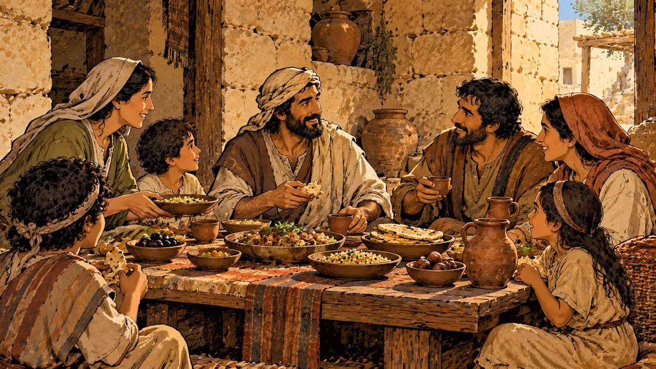 Adults and children share food at a common table with another modestly dressed adult.