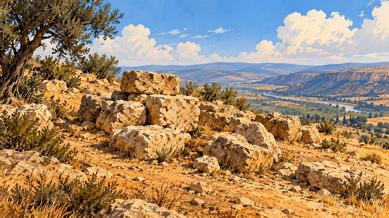 Unused rough stones rest on an unoccupied hilltop.