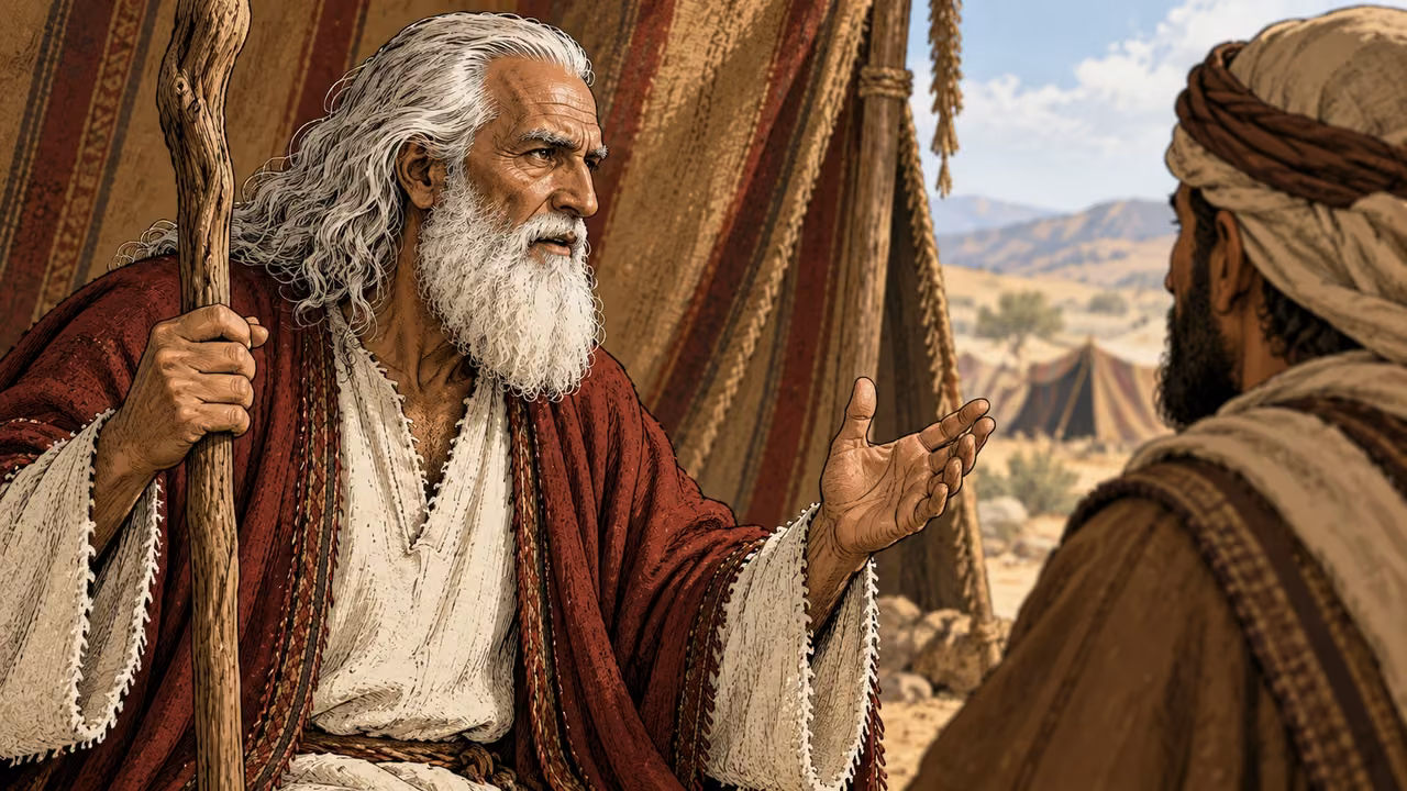 Moses teaches a listener beside the tent cloth with one hand open.