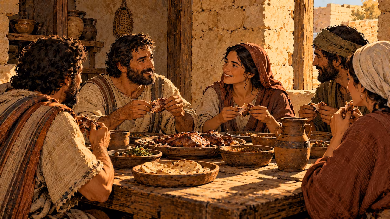 Anonymous adults share cooked meat at a household table.