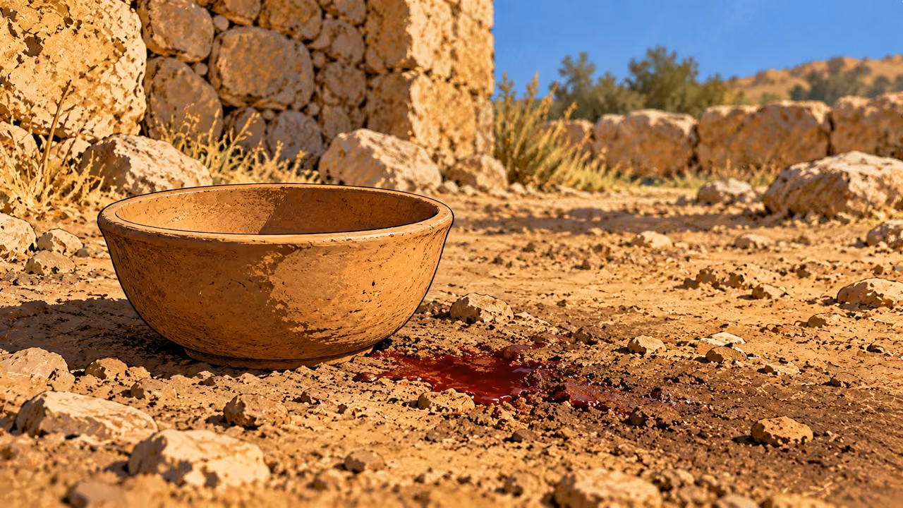 A small red liquid stain lies on bare earth beside an empty clay bowl.