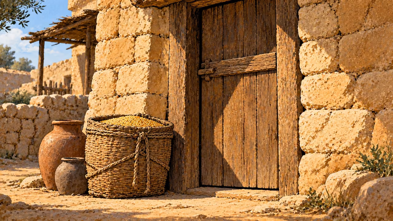 A tied grain basket and vessels stand beside a closed household door.