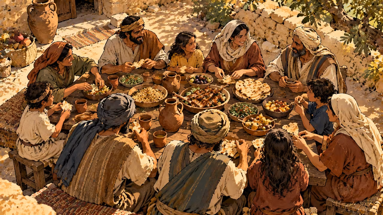 Adults and children share a common outdoor meal seen from above.