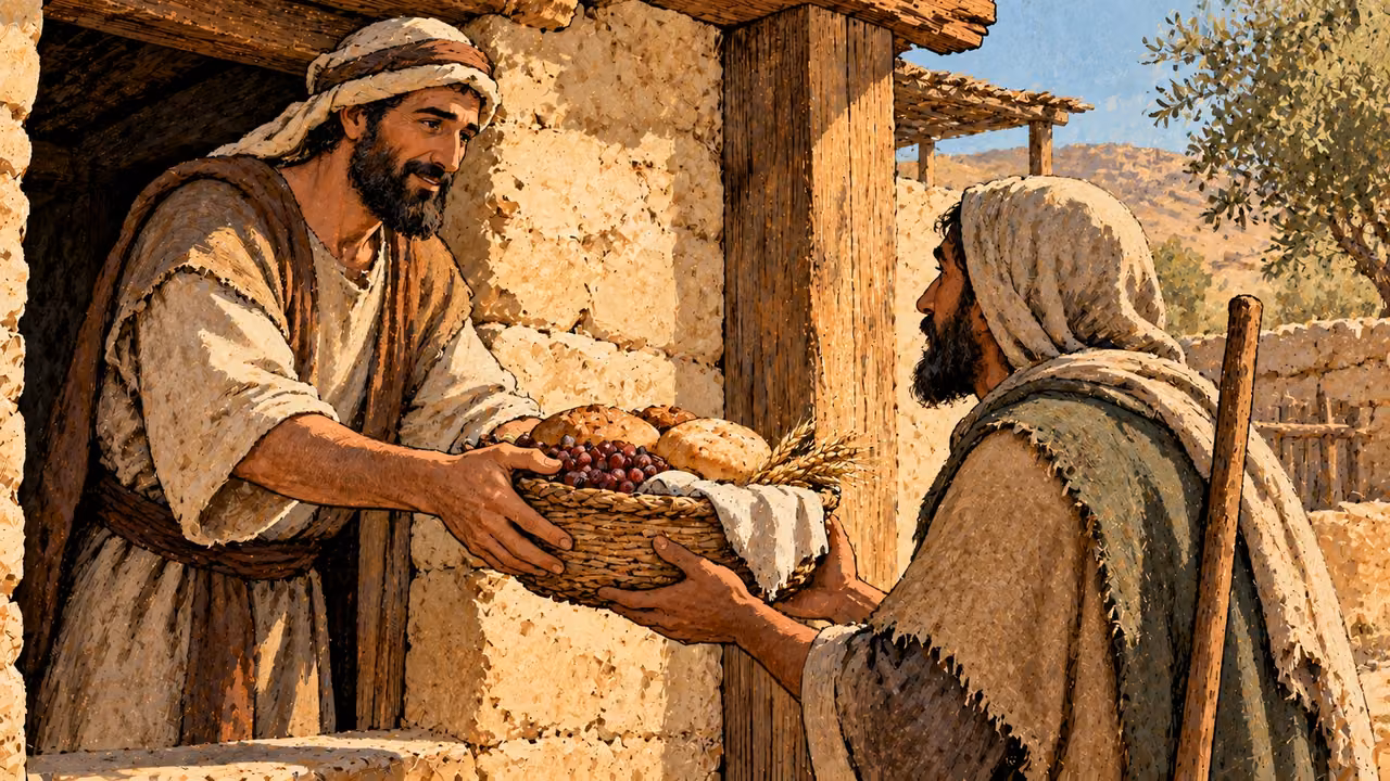 One adult offers a food basket to another modestly dressed adult.