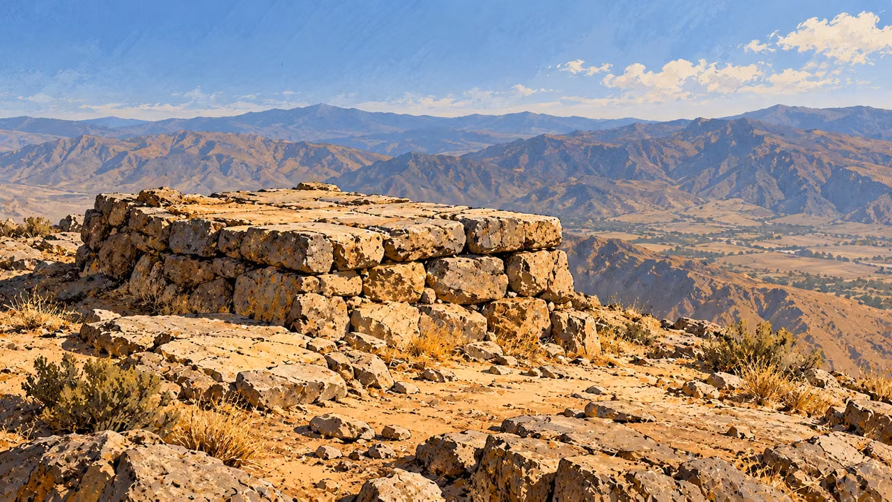 An unused rough stone platform stands on a high barren mountain.