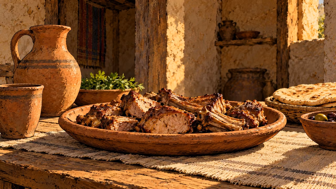 Cooked meat portions lie on a plain clay platter inside a household.