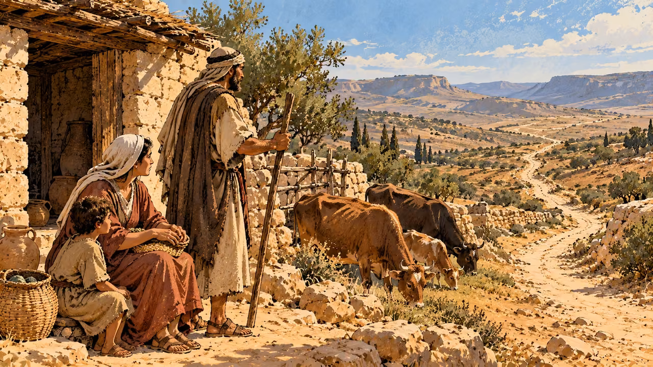 An anonymous household stands beside cattle and a long road through distant hills.