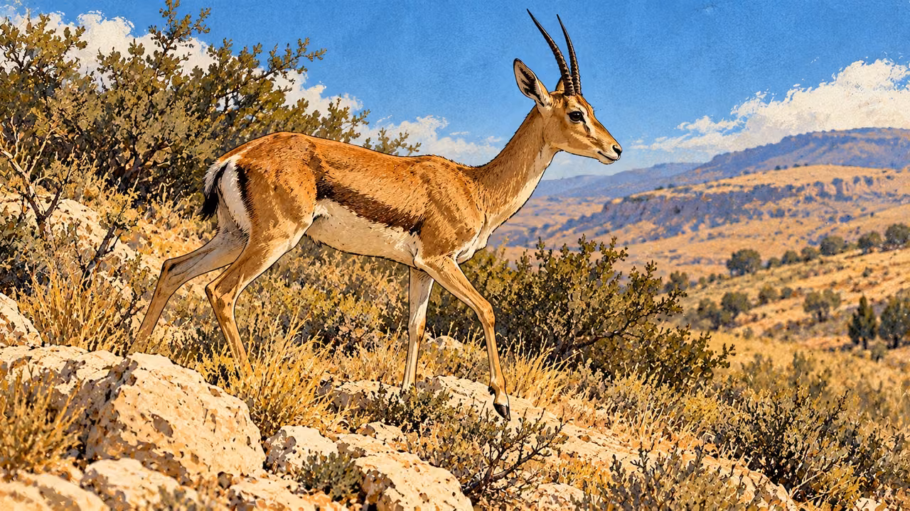 A gazelle stands in dry scrub with slender unbranched horns.