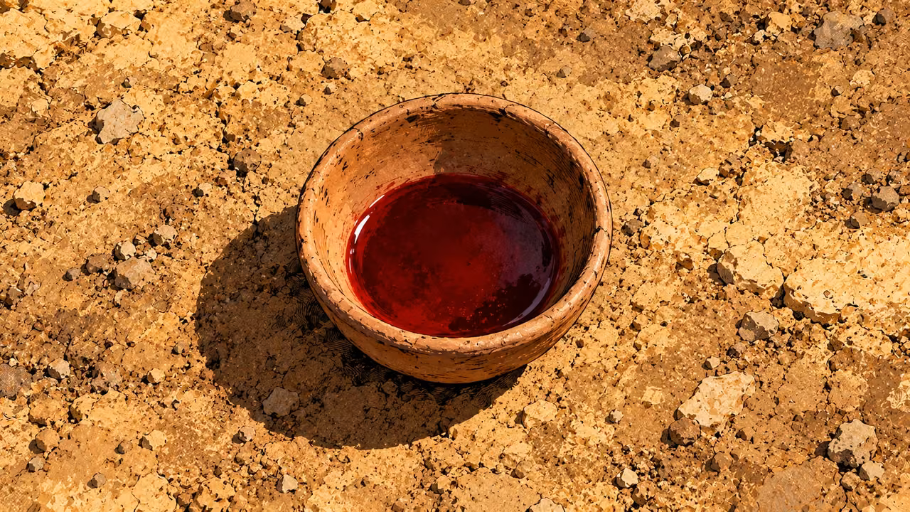 An isolated clay bowl holds a small amount of red liquid on bare earth.