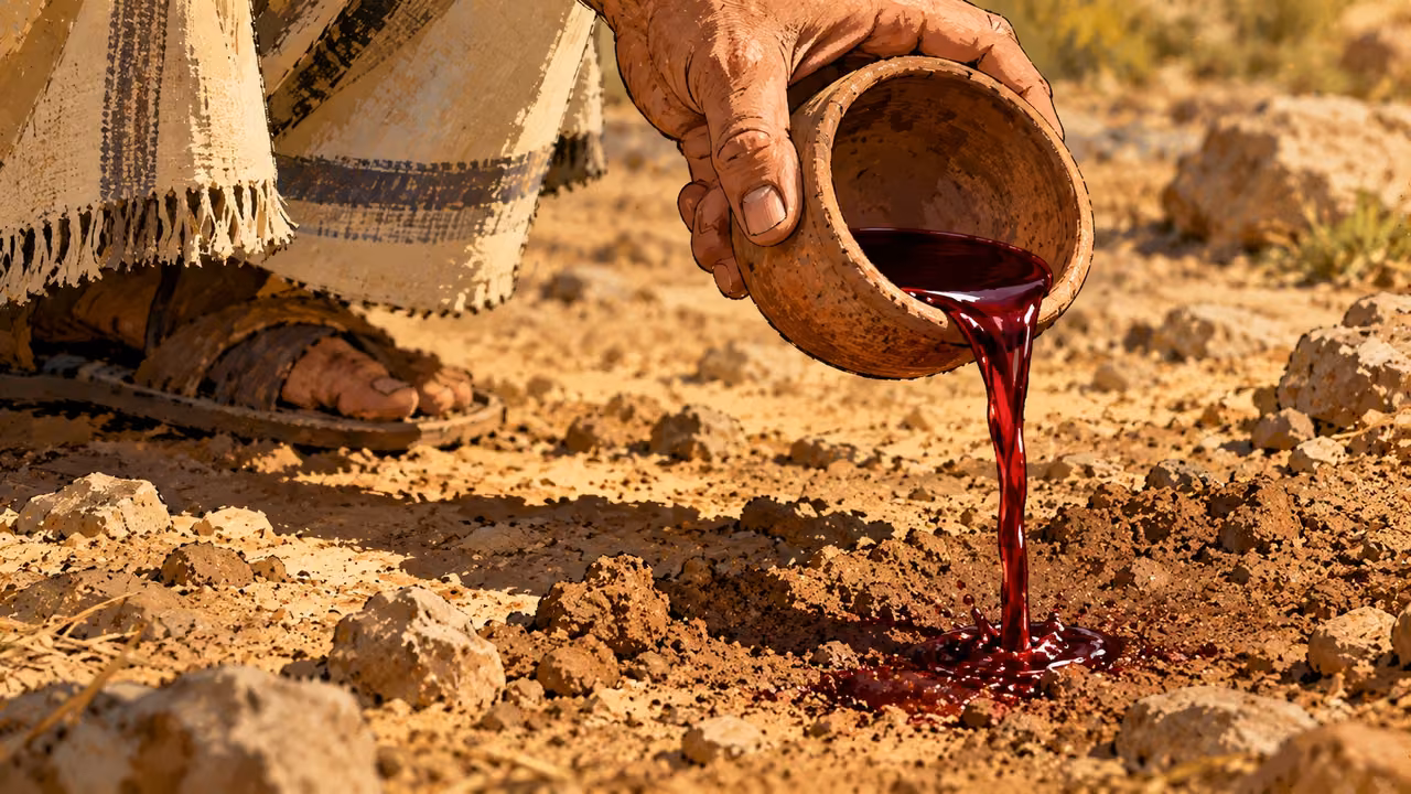 An anonymous hand pours a narrow red stream from a clay bowl onto bare earth.
