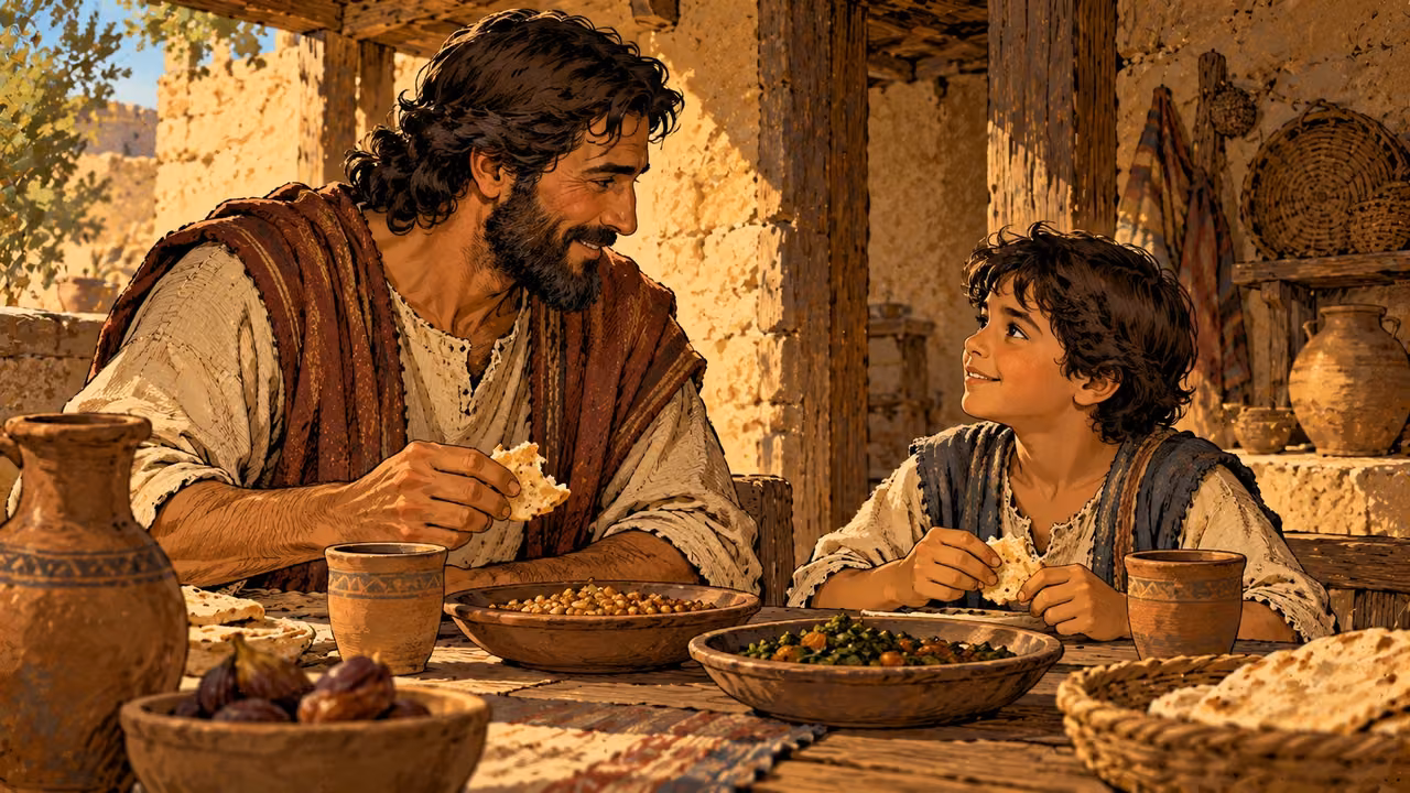 A parent and child share bread and an ordinary meal.