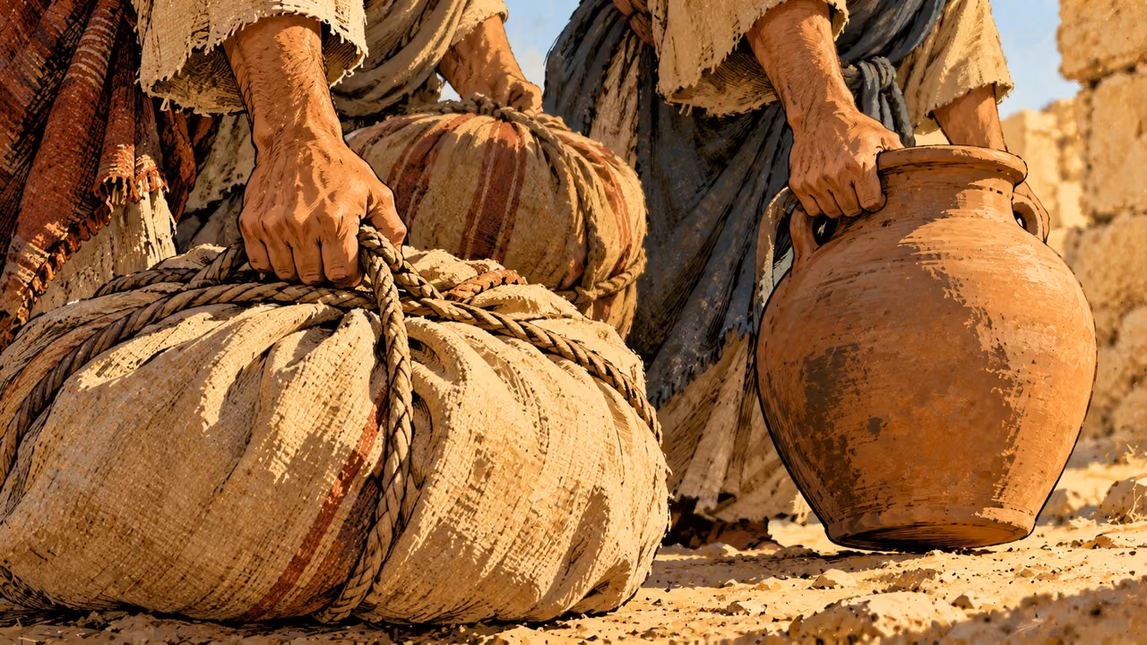 Anonymous hands lift tied bundles and a plain clay vessel.
