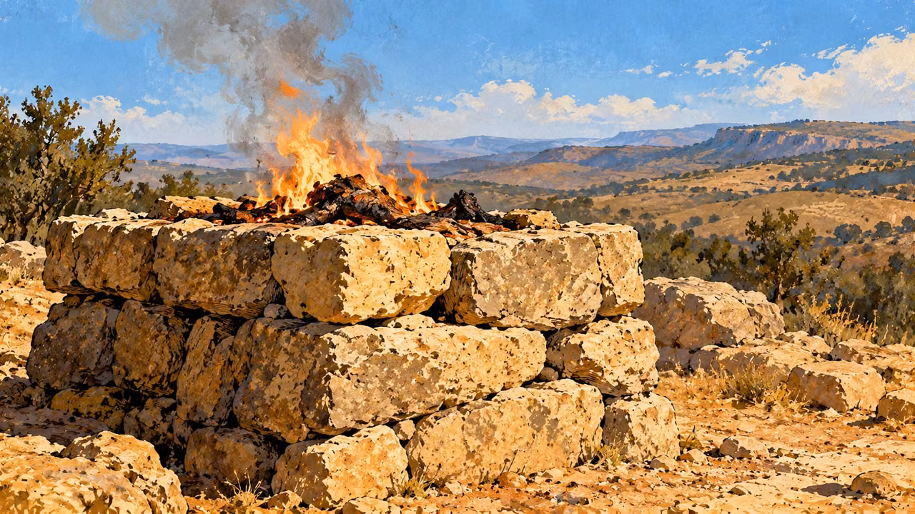 A small fire burns over an indistinct charred offering on a rough stone altar.