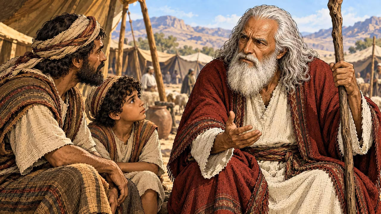 Moses teaches an attentive adult and child at camp.