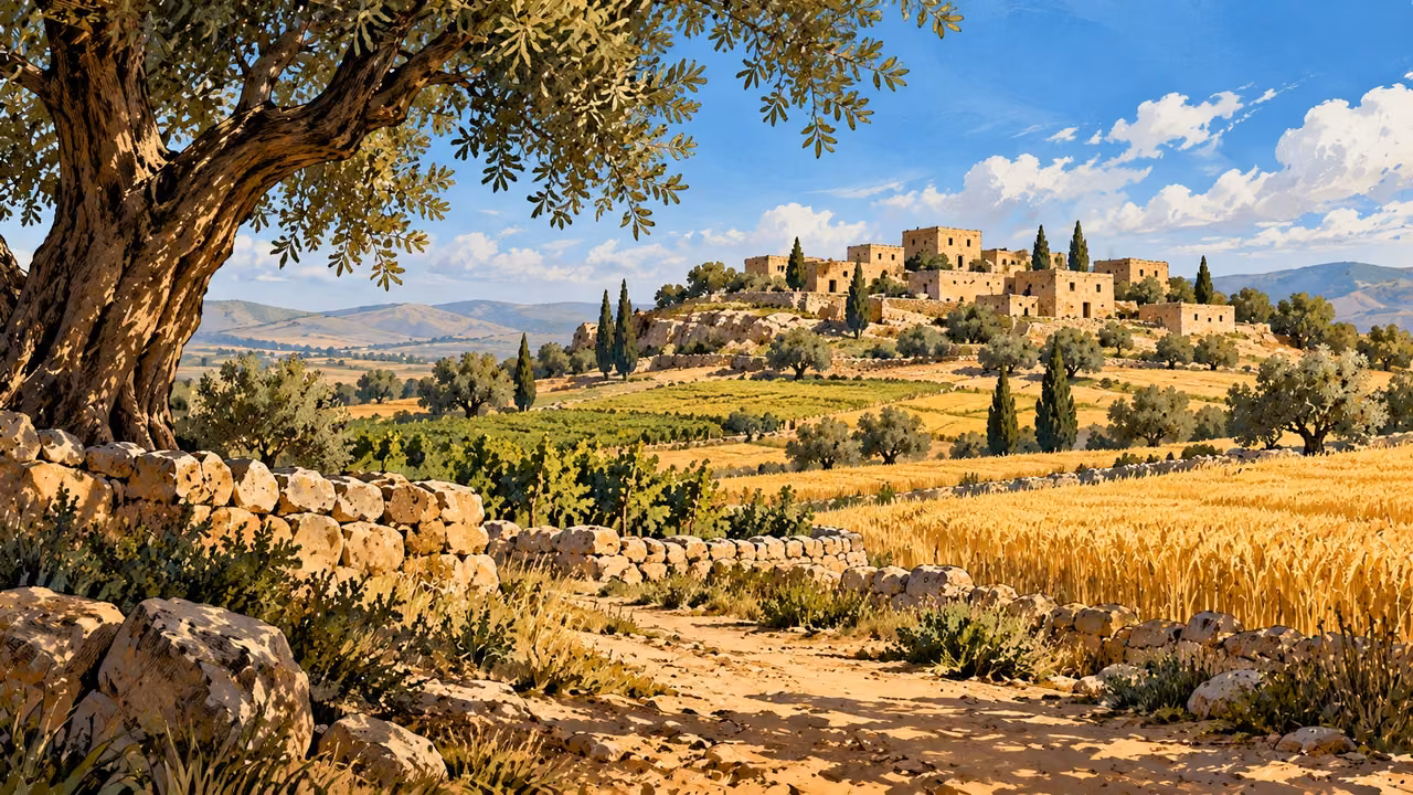 A quiet hill settlement stands beyond peaceful cultivated fields.