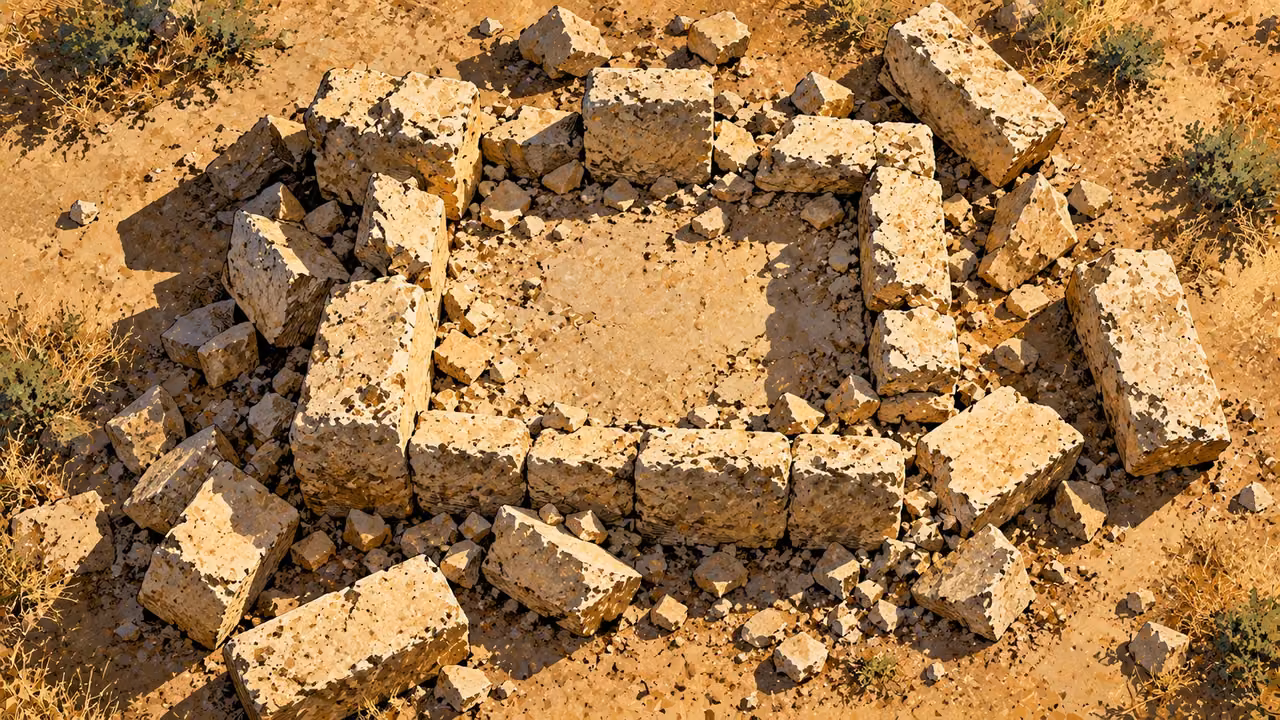 Loose masonry surrounds the remaining base of a dismantled stone altar.
