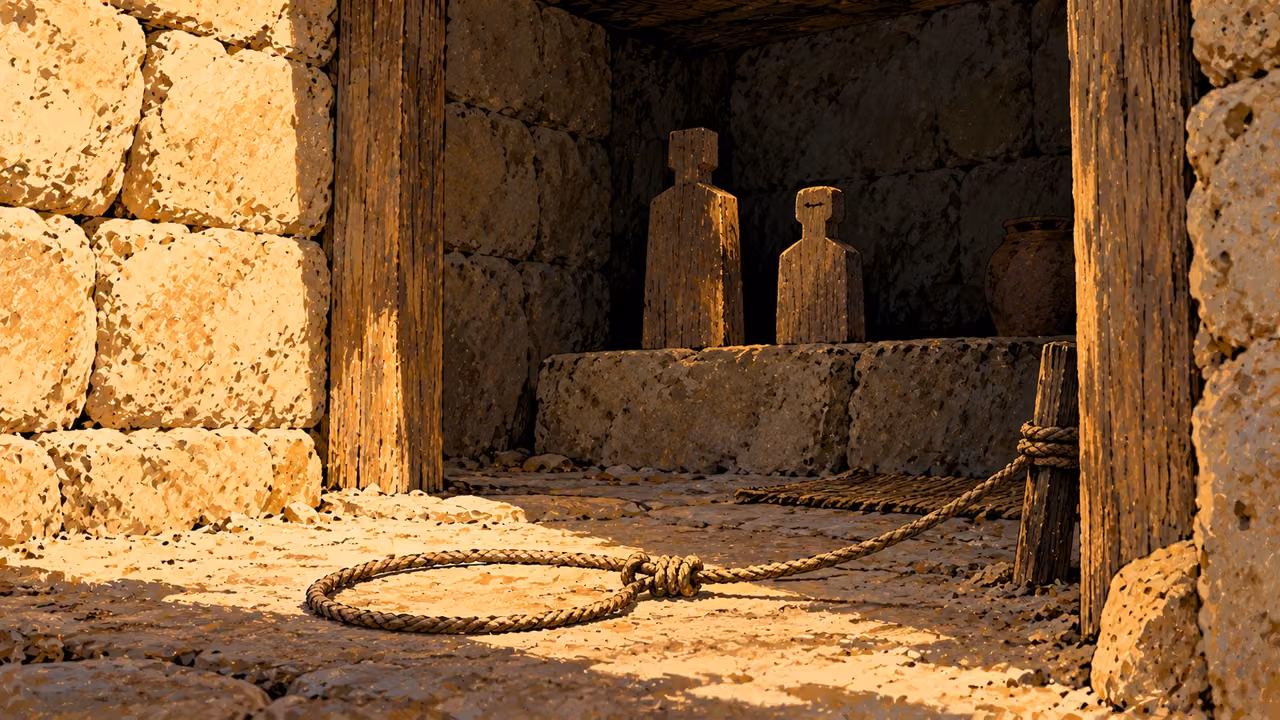 An empty rope loop lies before blank wooden forms in a shadowed recess.