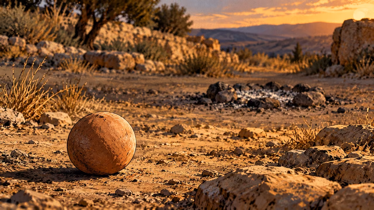 A small clay play ball lies on cold bare earth with an unused ash ring in the distance.