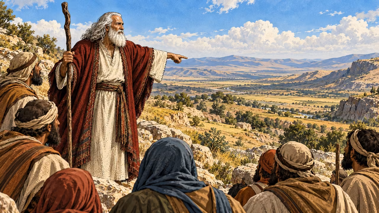 Moses points across open country while listeners face him.