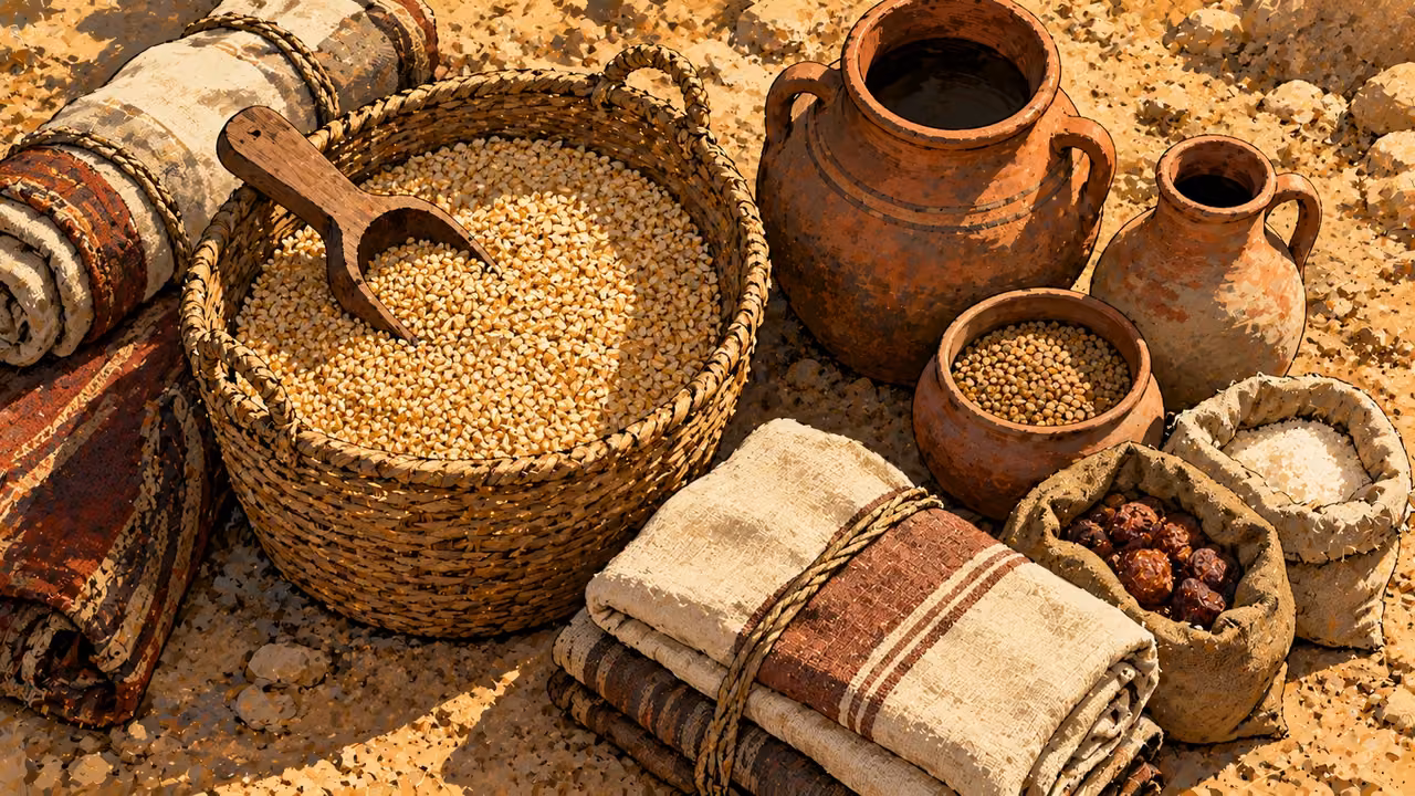 A grain basket, plain clay vessels and folded bundles are arranged together.