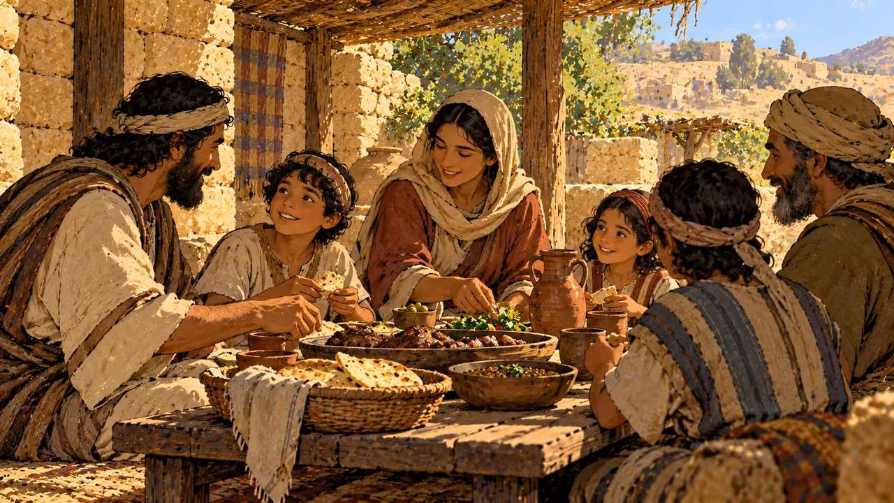 Adults and children share a simple household meal beneath open shade.