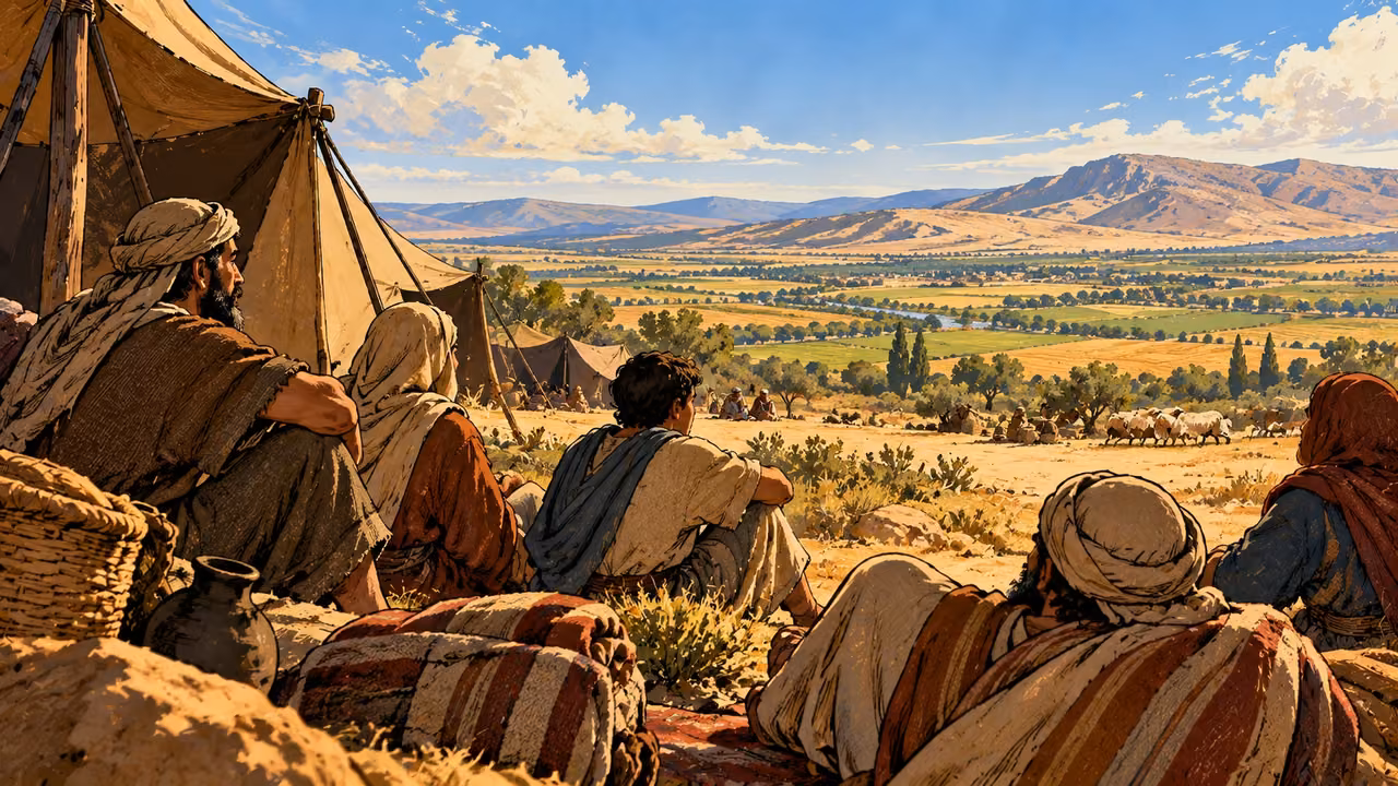 Anonymous listeners rest beside wilderness tents overlooking distant cultivated country.