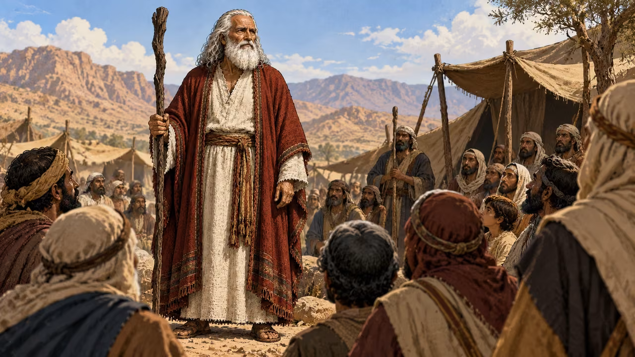 Moses stands before attentive listeners with his staff grounded and one hand low.