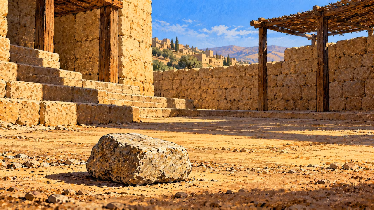 A single plain stone lies in an empty courtyard.